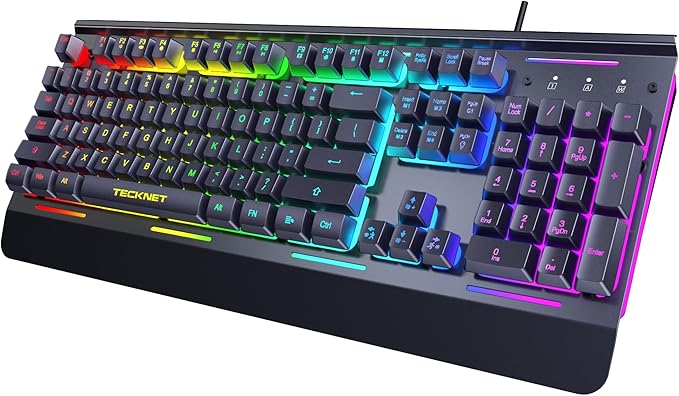 TECKNET Gaming Keyboard, 15-Zone RGB Illumination, All-Metal Panel Keyboard, IP32 Waterproof, 25 Anti-Ghosting, Quiet Typing, USB Wired Ergonomic Keyboard for Windows XP/Vista/7/8/10/11