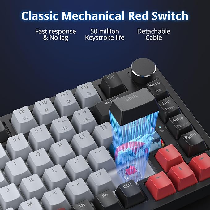Fogruaden Wired 75% Mechanical Keyboard, Hot Swappable Gasket Mount With Red Switch, RGB Backlit 82 Keys TKL, NKRO Compact Gaming With Knob (Dolch)