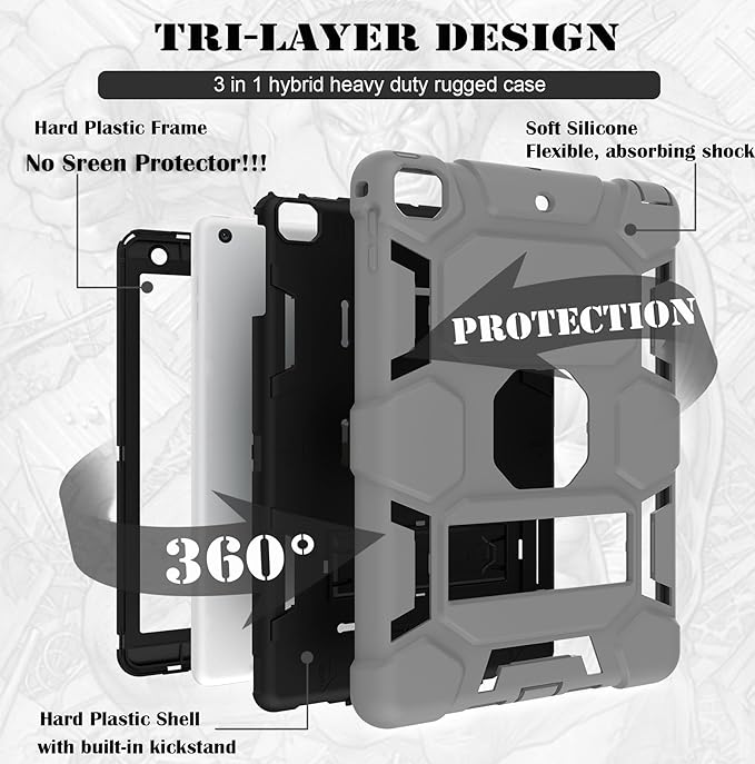 CCMAO Case for iPad 6th/5th Generation (9.7-inch, 2018/2017), iPad Air 2nd Generation Case (2014) with Kickstand, Hybrid Shockproof Protective iPad 9.7 Case, Gray+Black