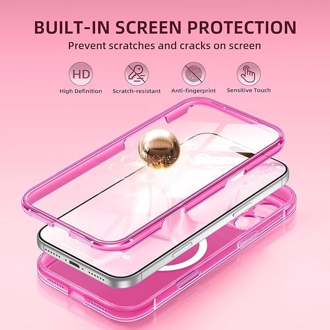 BERFY for iPhone 17 Pro Max Case, Compatible with MagSafe, Built-in Glass Screen Protector, Camera Protection, Shockproof Full Body Phone case 6.9", Clear Bright Pink