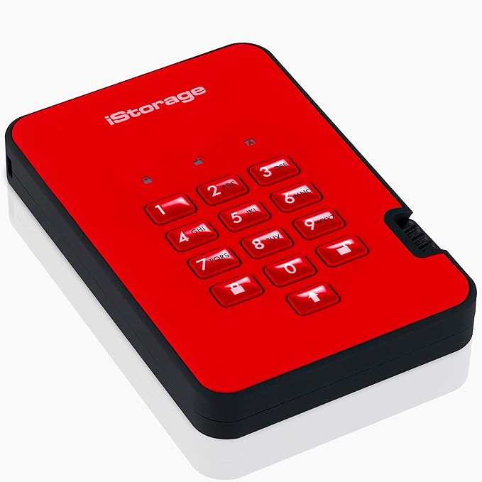 iStorage diskAshur2 HDD 2TB Red | Secure portable hard drive | Password protected | Dust & water resistant | Hardware Encryption