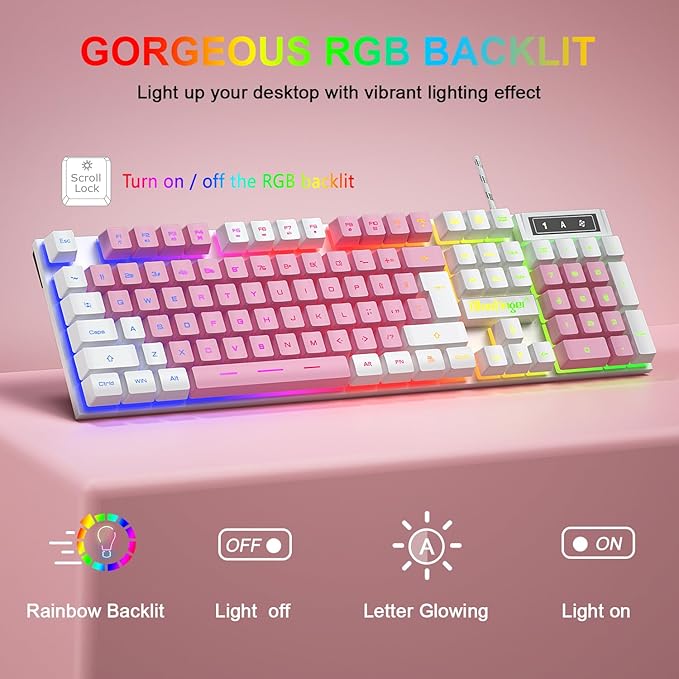 BlueFinger RGB Gaming Keyboard and Backlit Mouse Combo, USB Wired, LED Gaming Set for Laptop PC Computer Game and Work (White & Pink)