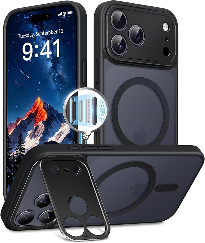 GolbinBox for iPhone 17 Pro Max Case with Stand,Compatible with MagSafe,[Camera Control][Military Drop Protection] Shockproof Slim Translucent Matte Phone Cover for iPhone 17 Pro Max 6.9",Black/Clear