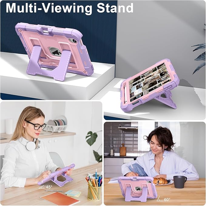 Kids Friendly Case for Apple iPad mini 7 A17 Pro 2024/iPad Mini 6 2021 8.3 Inch 7th/6th Gen Case with Pencil Holder & Shoulder Strap, Shockproof Kickstand Hard Shell Protective Cover,Pink+Purple