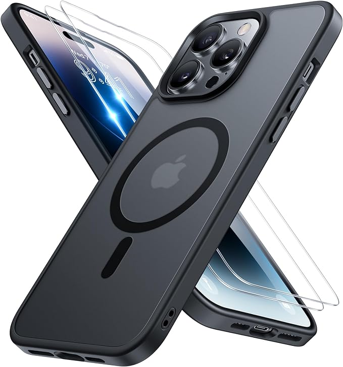Miracase Magnetic for iPhone 14 Pro Max Case 6.7 inch (Compatible with MagSafe)（with 2X Screen Protectors） Military-Grade Protection, Anti-Fingerprint Translucent Matte Phone Case Cover, Black