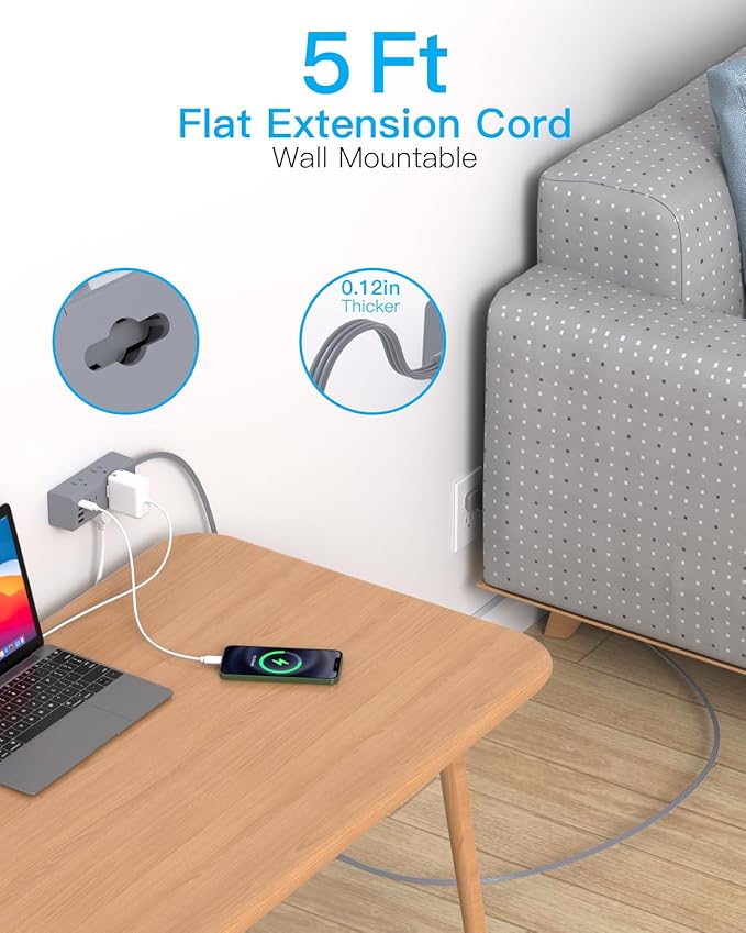 5Ft Extension Cord with Multiple Outlets, Flat Plug Power Strip Surge Protector with 5 Ft Long Cord, 6 Outlet 4 USB Ports (2 USB C), Multi Outlet Wall Plug for College, Dorm Room Essentials(Grey)