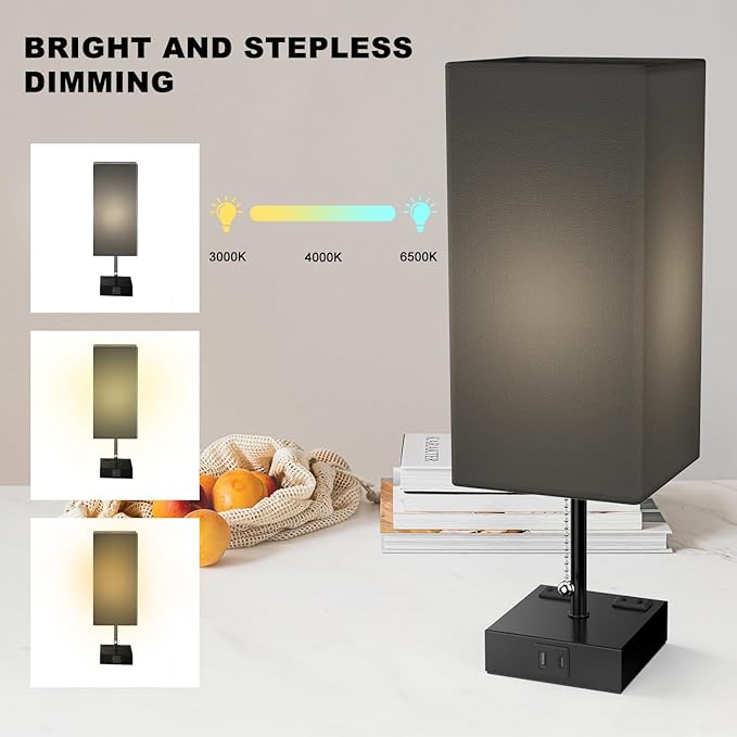 YIDPU Table Lamp for Bedroom with USB,Bedside Lamp with USB C+A Charging Ports,Adjustable 3color LED Light for Home Decor/Nightstand/Office,Included Bulb and Fabric Lamp Shade (Linen Black, 2PCS)