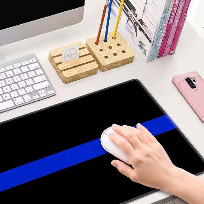 Extended Gaming Mouse Pad Big, Thin Blue Line Long Mouse Pad Large, 31.5x11.8in Non-Slip Rubber Base Black Mousepad, Stitched Edges Keyboard Mouse Mat Desk Pad