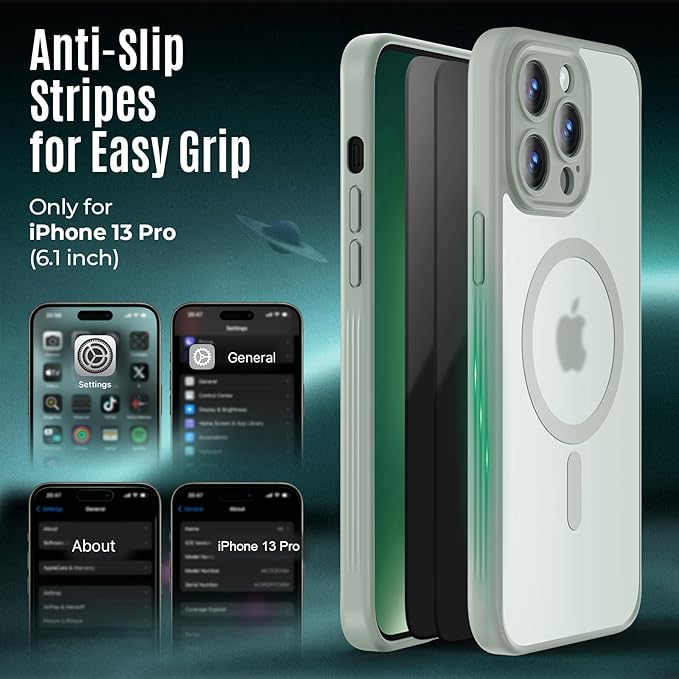 Symcele Designed for iPhone 13 Pro Case, Compatible with MagSafe, with Privacy Screen Protectors X2, [Camera Protection] [15FT Military Drop Protection] Shockproof Phone Case, 6.1", Calke Green