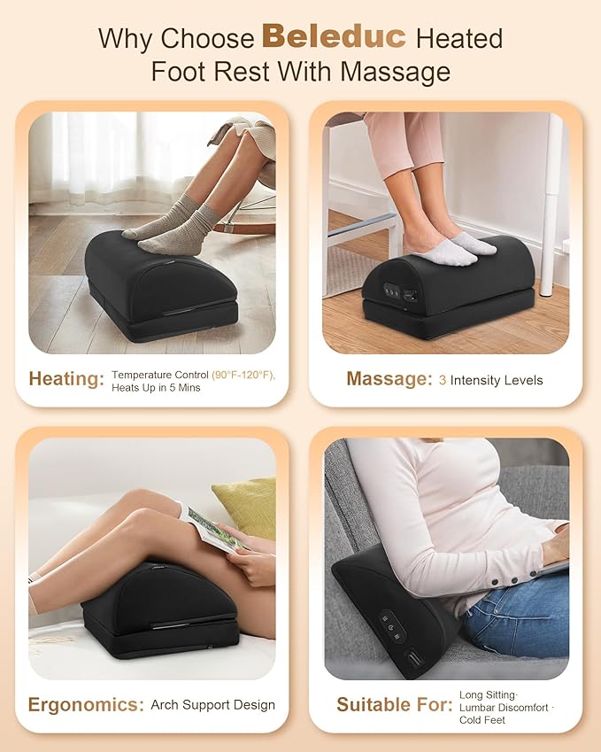 Foot Rest for Under Desk at Work, Heated Foot Stool with Vibration Massage, Adjustable Height Memory Foam Foot Stool,2 Heat Levels Ergonomic Desk Footrest
