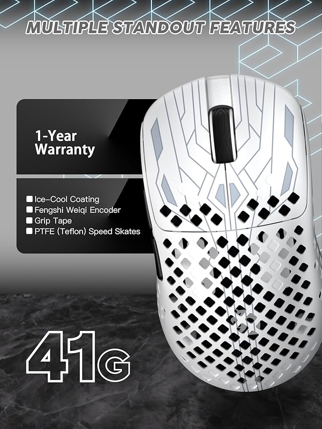 MAMBASNAKE M2 Carbon Fiber Wireless Gaming Mouse, PAW3395PRO 40K DPI, 1K Polling Rate 41g Ultralight Tri-Mode Ergonomic PC Mice, Cloud Driver AI Driver for PC/Mac/Win,White