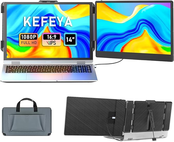 KEFEYA Laptop Screen Extender 14", FHD 1080P IPS Laptop Monitor Extender Dual Screen, Portable Monitor for Laptops 13-17" with USB-C/HDMI Port, Plug n Play for Windows/Mac/Android/Switch/PS5