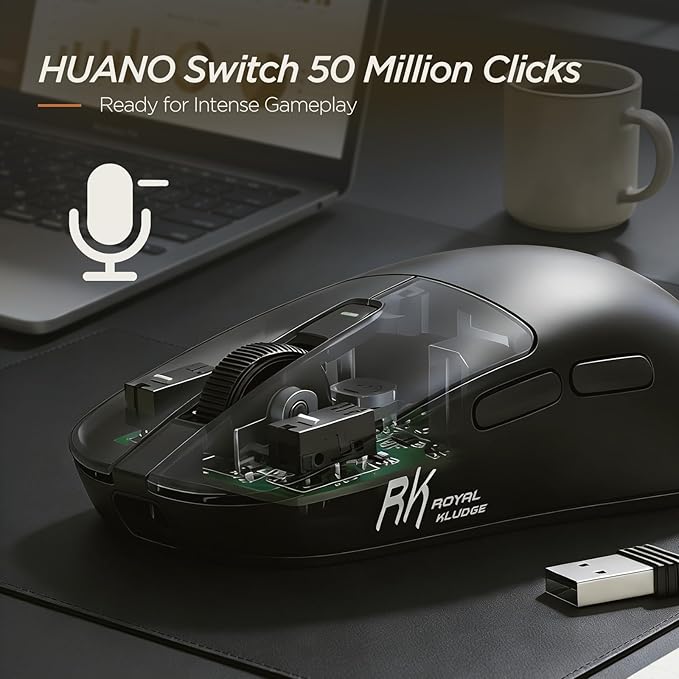 RK ROYAL KLUDGE RK MO3 Wireless Gaming Mouse, 48g Lightweight Computer Mouse, Bluetooth/2.4G/Wired Rechargeable PC Game Mice with Programmable Buttons, 6000 DPI, PAW3809 Sensor for Laptop/Mac, Black