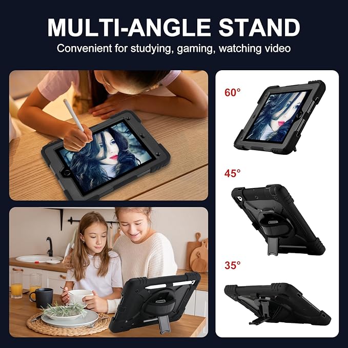 for iPad 6th Generation/iPad 5th Gen/iPad Air 2/iPad Pro 9.7" Case with Cute Key Chain, Rugged Protective Case with Rotating Stand & Shoulder Hand Strap for iPad 6th/5th/ Air 2 (Black)