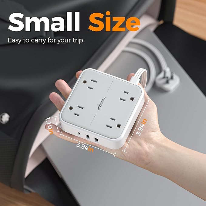 TESSAN Surge Protector Flat Extension Cord 5Ft, Ring Plug Power Strip with 4 Outlets 3 USB Ports (1 USB C), 900 Joules Protection, Multiple Wall Outlet Extender Suitable for Home Office Dorm, Grey