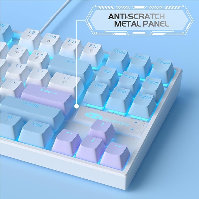MageGee 75% Mechanical Gaming Keyboard, Red Switch, LED Blue Backlit, 87 Keys Compact TKL Wired Keyboards for Windows Laptop PC Gamer - White/Blue