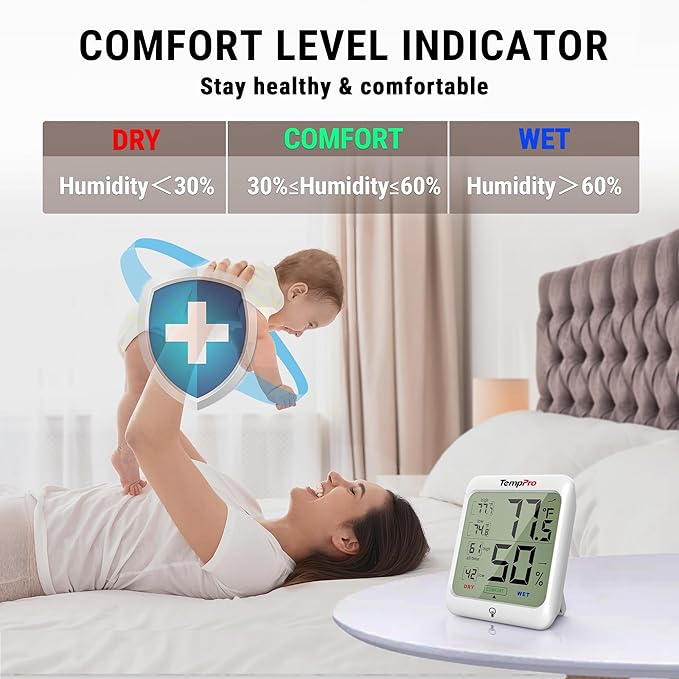 TempPro TP53 2 Pack Digital Hygrometer Indoor Thermometer for Home, Temperature Humidity Meter with Comfort Indicator & Max Min Records, Backlit Display Room Thermometer (Previously ThermoPro)