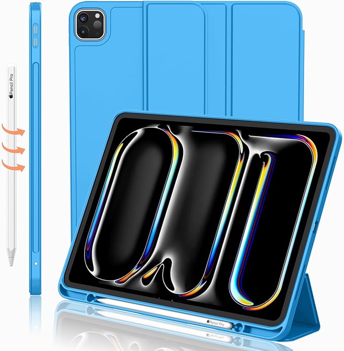 iMieet Case for iPad Pro 11 Inch (M5) 2025 /(M4) 2024 5th Gen, Trifold Stand Smart Cover with Pencil Holder and Soft TPU Back, Auto Wake/Sleep (Ocean Blue)