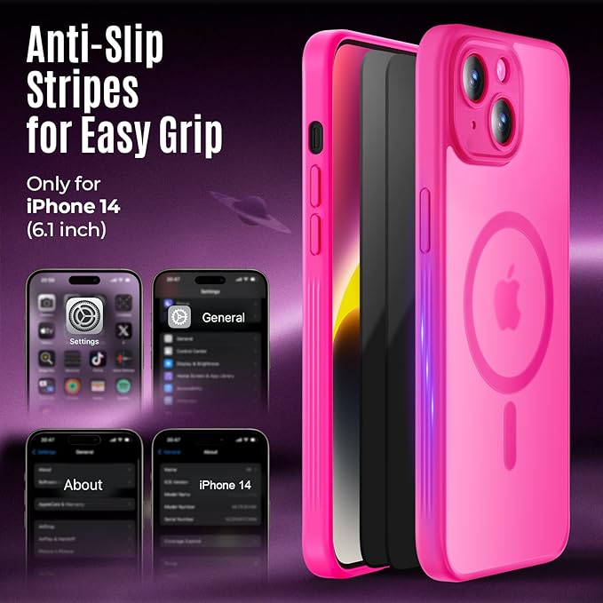 Symcele Designed for iPhone 14 Case, Compatible with MagSafe, with Privacy Screen Protectors X2, [Camera Protection] [15FT Military Drop Protection] Shockproof Phone Case, 6.1", Hot Pink