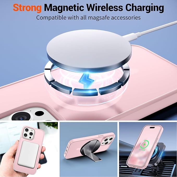 SUPFINE Magnetic for iPhone 15 Pro Case (Compatible with MagSafe) (Military Grade Drop Protection) Translucent Matte Shockproof Phone Cover,Light Pink