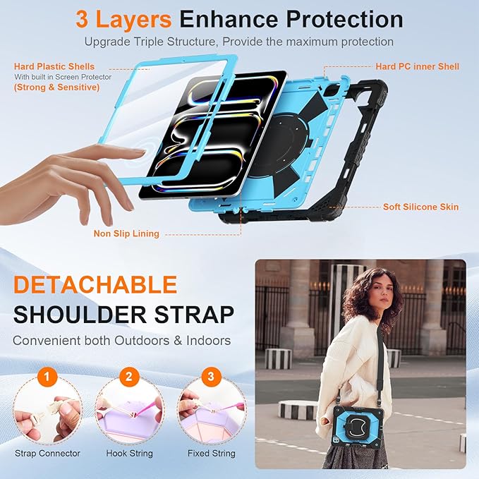 Case for iPad Pro 13 Inch M5 2025/ M4 2024, Ubearkk for iPad Pro 13 Inch case with Screen Protector, 360 Degree Rotating Stand Shoulder Strap Pencil Holder,Military Grade Shockproof, Black Blue
