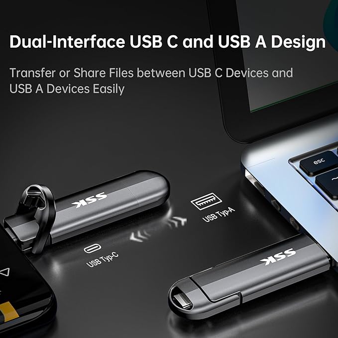 SSK 1TB Dual USB C Flash Drive, 2-in-1 Type C+USB A 3.2 Gen2 External Solid State Thumb Drive,Speed Up to 550MB/s Memory Stick Data Storage for iPhone 15/16/17/Android Phone/Tablet/MacBook/Windows