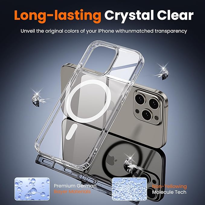 toushion 3 in 1 for iPhone 15 Pro Case Clear with MagSafe, Not Yellowing, Screen Protector*1 Camera Lens Protector*1, Military-Grade Protection for iPhone 15 Pro Phone Case 6.1 inch Clear