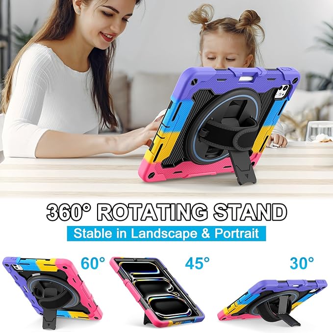 iPad Pro 11 Inch Case M5 2025/M4 2024, Heavy Duty Shockproof Protective Case with Screen Protector, 360° Rotating Stand Hand Strap Shoulder Strap Kids Cover Apple Pencil Holder