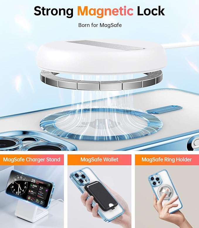 Meifigno Designed for iPhone 16 Pro Max Case 6.9", [Glitter Card & Wrist Strap] [Compatible with MagSafe] [2X Screen Protectors] Surround Raised Lens Protection Designed for 16 ProMax Case, Sky Blue