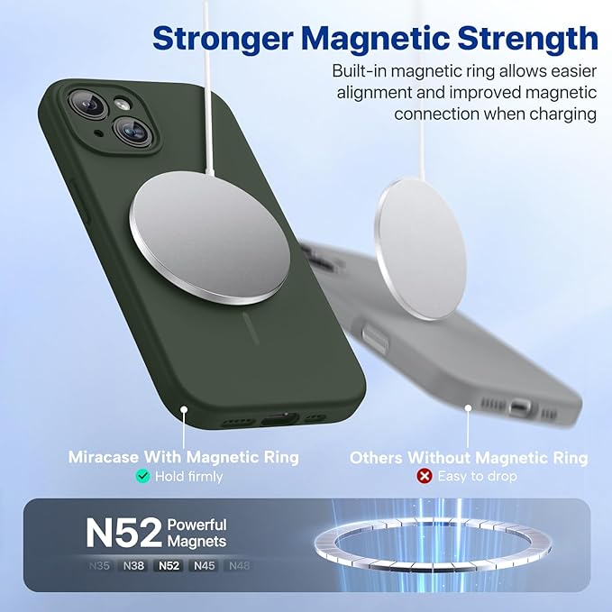 Miracase Magnetic for iPhone 15 Plus Case, [Soft Anti-Scratch Microfiber Lining], Magnetic for MagSafe, Liquid Silicone Shockproof Drop Protection Phone Case for 15 Plus, Dark Green