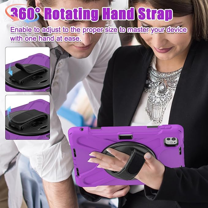 Batianda Case for iPad Pro 13-inch 2025 M5 2024 M4 Chip Heavy Duty Rugged Durability Silicone Tablet Cover with 360° Rotating Hand Strap Foldable Hidden Stand & Shoulder Strap, Purple