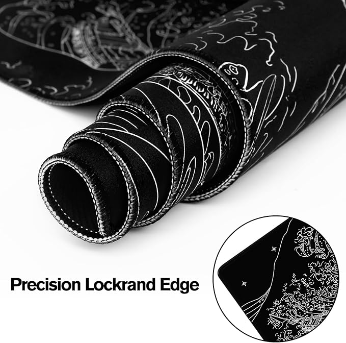 MEWOOCUE® Large Gaming Mouse Pad for Computer,Black Japanese Sea Wave Anime Mouse Mat,Long XXL Waterproof Keyboard Pads,Big Non-Slip Mouse Pads for Game Office Home（31.5 x 11.9 in）