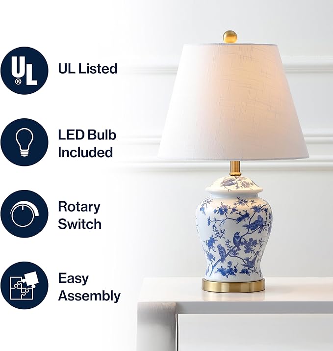 JONATHAN Y 22" Blue/White Ceramic Table Lamp, French Country Chinoiserie Ginger Jar LED Bedside Lamp for Living Room Bedroom, White Linen Shade, JYL3005A
