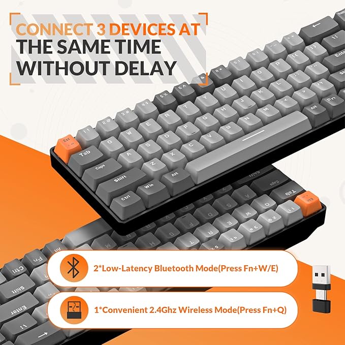MAGIC-REFINER RK68 60% Wireless Mechanical Keyboard, Bluetooth 5.0/2.4GHz with Dual Mode 2-in-1 Receiver, Ergonomic Compact 68-Key Hot Swappable Gaming Keyboard, Red Switch for Mac Windows PC