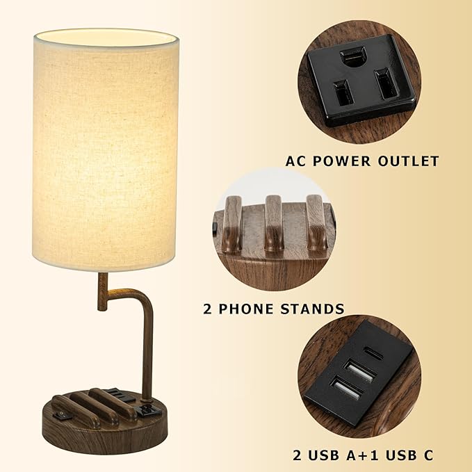 Dreamholder Table Lamp with 3 USB Charging Ports, Modern Desk Lamp with AC Outlet and Phone Stands, Perfect Bedside Lamp for Bedroom, Living Room, Office (Pack of 2), Walnut
