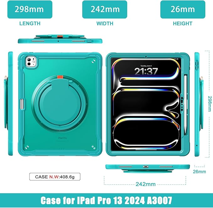 Batianda for iPad Pro 13 inch Case 2025 M5 2024 M4 Chip Lightweight Dual-Layer Protective Tablet Cover, Durable Shock-Absorbing Corners with 360° Rotating Kickstand Ring Built-in Pen Slot, Blue