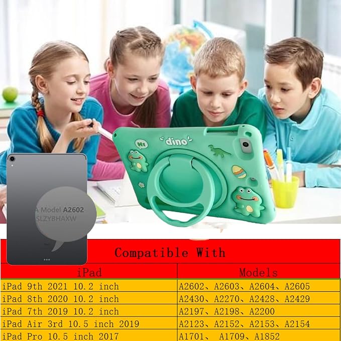 3D Cute Press Dinosaur Case for iPad 9th/8th/7th 10.2 inch/Air 3rd 2019 /Pro 2017 10.5 inch,Kawaii Cartoon Character Dinosaur Soft Case with Rotating Stand and Lanyard for Kids Teens Girls Women