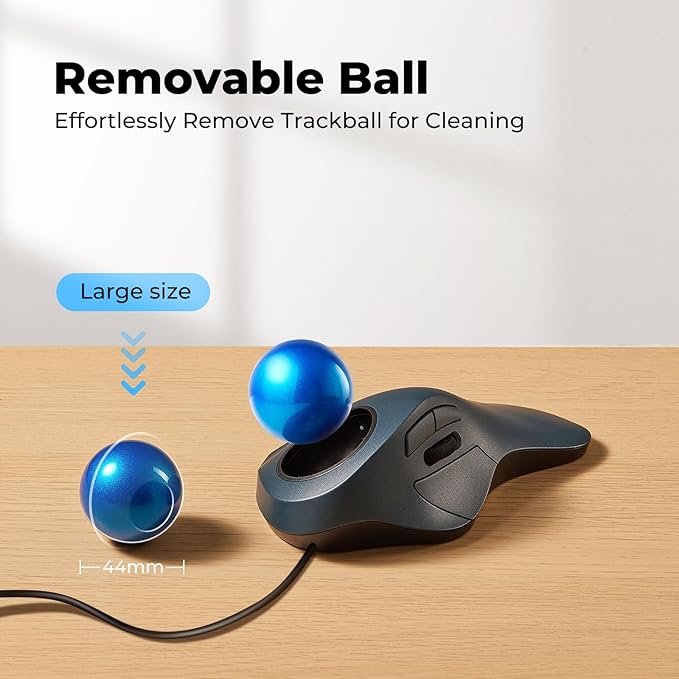 Wired Trackball Mouse for Large Hands, Ergonomic Design Reduces Wrist & Muscle Strain, Precision Tracking with Easy Index Finger Control, Compatible with PC, Laptop, Windows, Mac, Blue