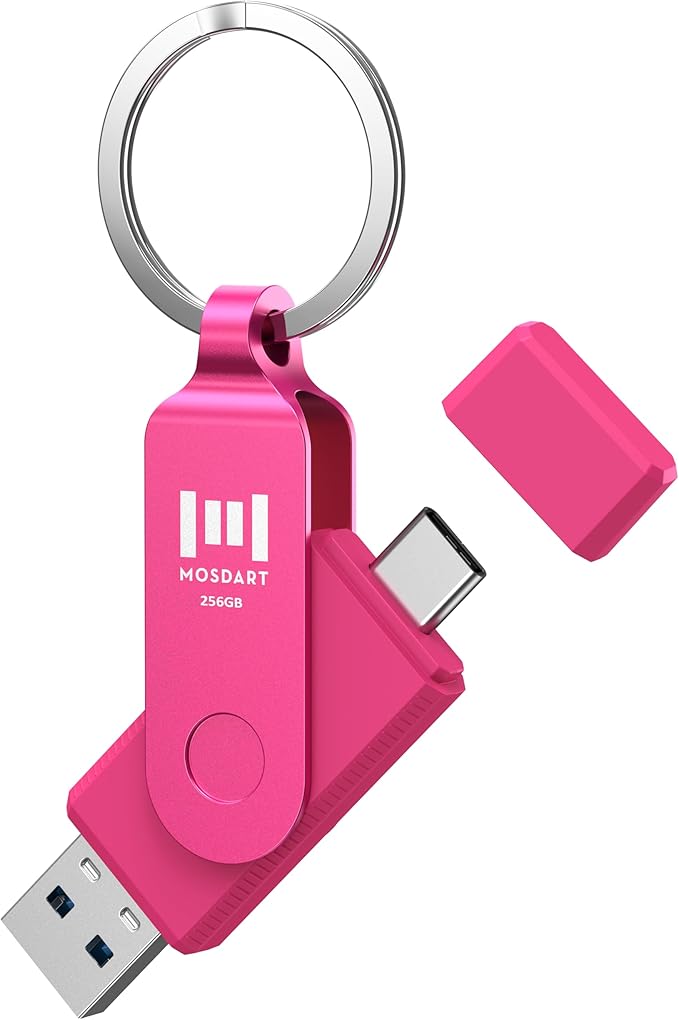MOSDART 256GB USB 3.2 Fast Speed C and A Dual Flash Drive, exFAT Memory Stick with Keychain and LED Indicator, for iPhone 15,16,17, Android Phone, iPad, MacBook, and Other Laptops, Hot Pink