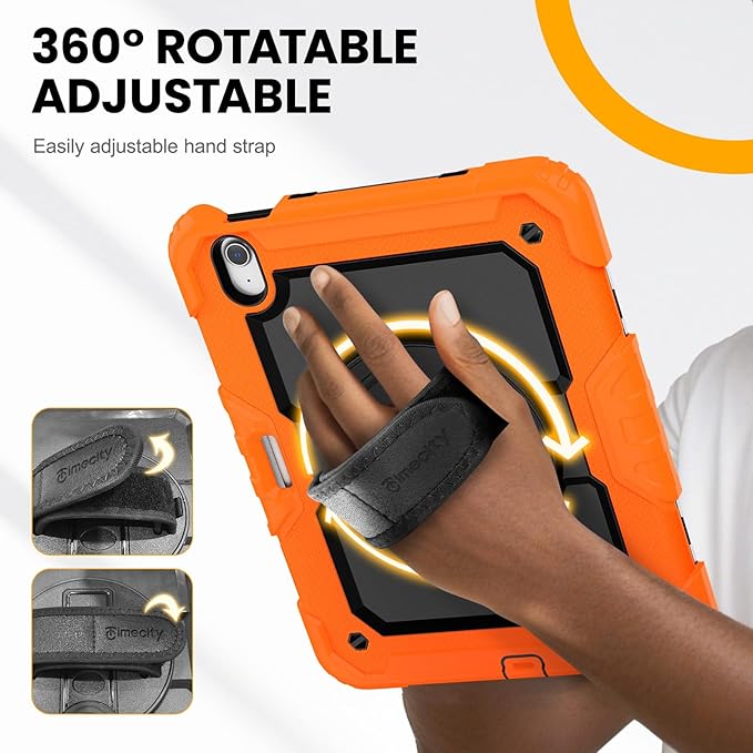 timecity Case for iPad Air 11 Inch M4 / M3 / M2 (2026/2025/ 2024), 360° Rotating Stand, Pencil Holder & Wireless Charging, Shockproof with Screen Protector & Shoulder Strap - for Designers, Orange
