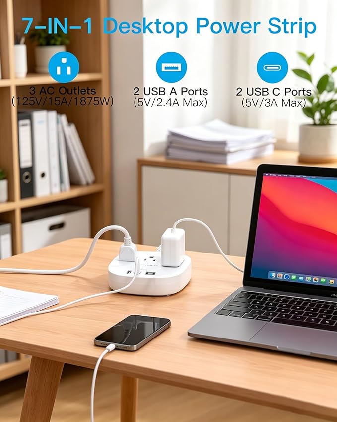 Cruise Ship Travel Essentials, 22.5W/4.5A Flat Plug Power Strip, 3Ft Flat Extension Cord, 3 Outlets 4 USB Ports (2 USB C) Cruise Approved Power Strip No Surge Protection, Desktop Charging Station