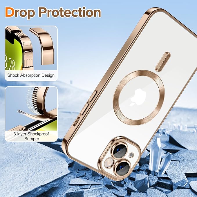 Hython Magnetic Clear for iPhone 14 Plus Case with Camera Lens Protector [Compatible with MagSafe] Luxury Plating Edge Slim Soft TPU Cover Protective Phone Case for iPhone 14 Plus 6.7", Desert Brown