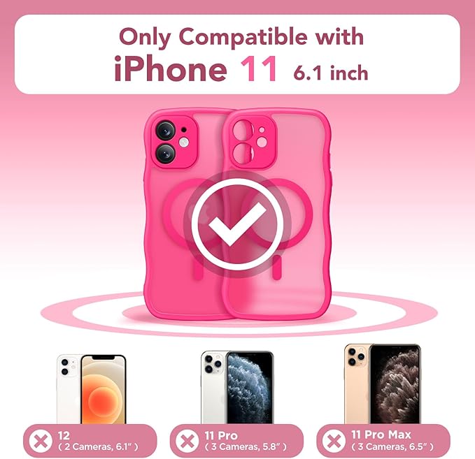 CAPRARO Cute for iPhone 11 Case, Compatible with MagSafe, [Curly Wave Edge] [Full Camera Protection] [14 FT Drop Protection] Magnetic Phone Case for 11 6.1 Inch, Hot Pink