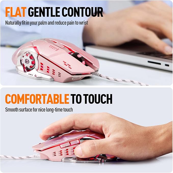 Guiheng Wired Gaming Mouse, Optical USB Mice for Laptop/Desktop, 1200 to 3600 and RGB Light, Ergonomic with 6 Programmable Buttons for Computer Windows 7/8/10/XP Vista Linux Chromebook PC(Pink)