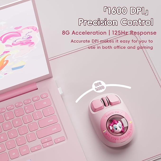 My Little Pony Wireless Mouse - Pinkie Pie Edition, 3D Character Design Silent Click Mouse with 1600 DPI, Dual-Mode (2.4GHz/Bluetooth), Ergonomic for Mac/Windows