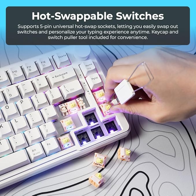 TECWARE Ghost 75% Wireless Mechanical Keyboard | RGB Gaming Keyboard with Volume Knob | Tri-Mode 2.4GHz/Bluetooth/USB-C | Gasket Mounted | Hot Swappable Pre-Lubed Linear Switches | 4000mAh | White