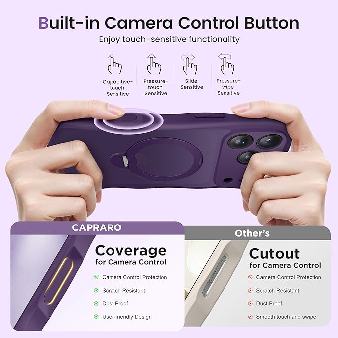CAPRARO for iPhone 17 Pro Case with 360° Spin Magnetic Stand for Women, [Compatible with MagSafe] [Full Camera Protection] Cute Wave Translucent Matte Case for iPhone 17 Pro, Deep Purple