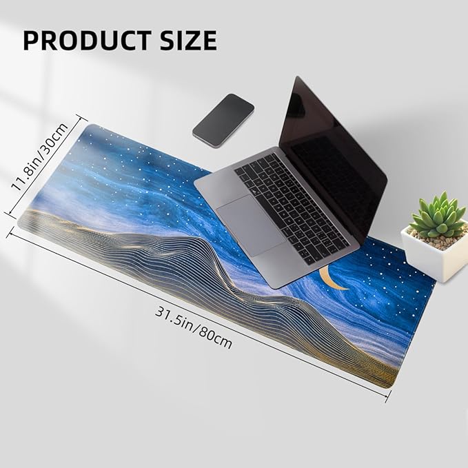 Hopipad Large Gaming Mouse Pad for Desk, Desk Mat with Seamed Edges, Waterproof Desk Pad, Non-Slip Rubber Base, 31.5x11.8 Inch Keyboard Pad Computer Mat, Big XL Moon Mountain Line Mousepad