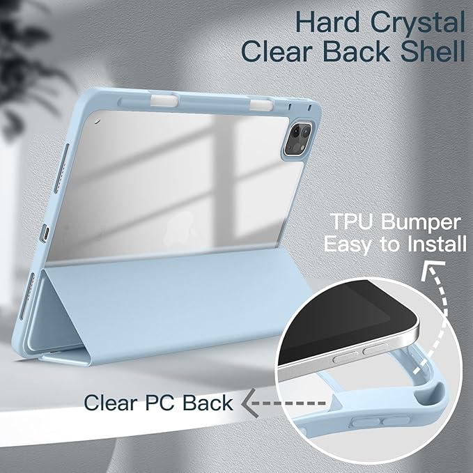 JETech Case ONLY for iPad Pro 11 Inch (2022/2021/2020/2018) with Pencil Holder, Clear Transparent Back Shell Slim Stand Shockproof Tablet Cover, Auto Wake/Sleep (Light Blue)