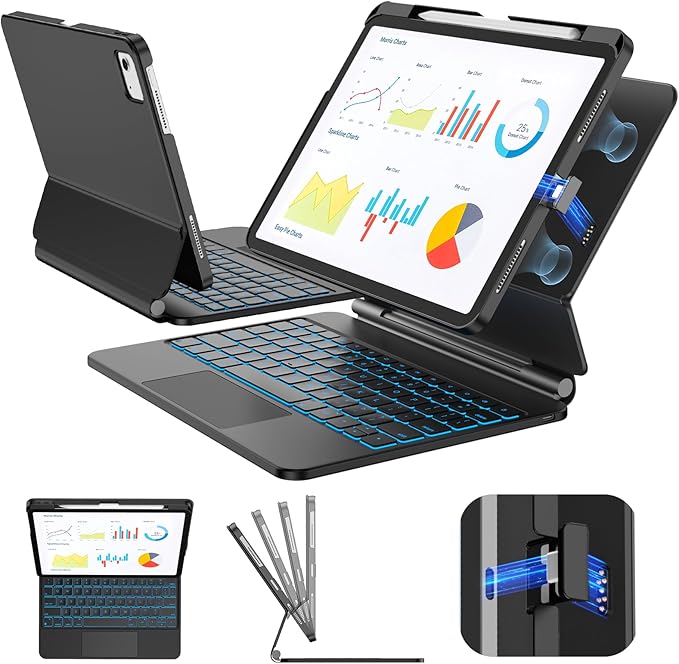 SIBEITU Keyboard Case for iPad A16 11th 2025 & 10th Gen 10.9-inch 2022, Smart Contact Connector with Removable Protective Case, Precision Trackpad, Backlit Keyboard, Floating Magnetic Stand, Black